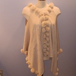 Vintage Cream wool and rabbit pom pom jacket vest